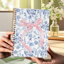 A5 花卉螺旋筆記本附粉色蝴蝶結，理想極簡日記本，可愛粉色硬殼封面，大學必備女性辦公用品，學校必需品，開學季 - D - 查看 4