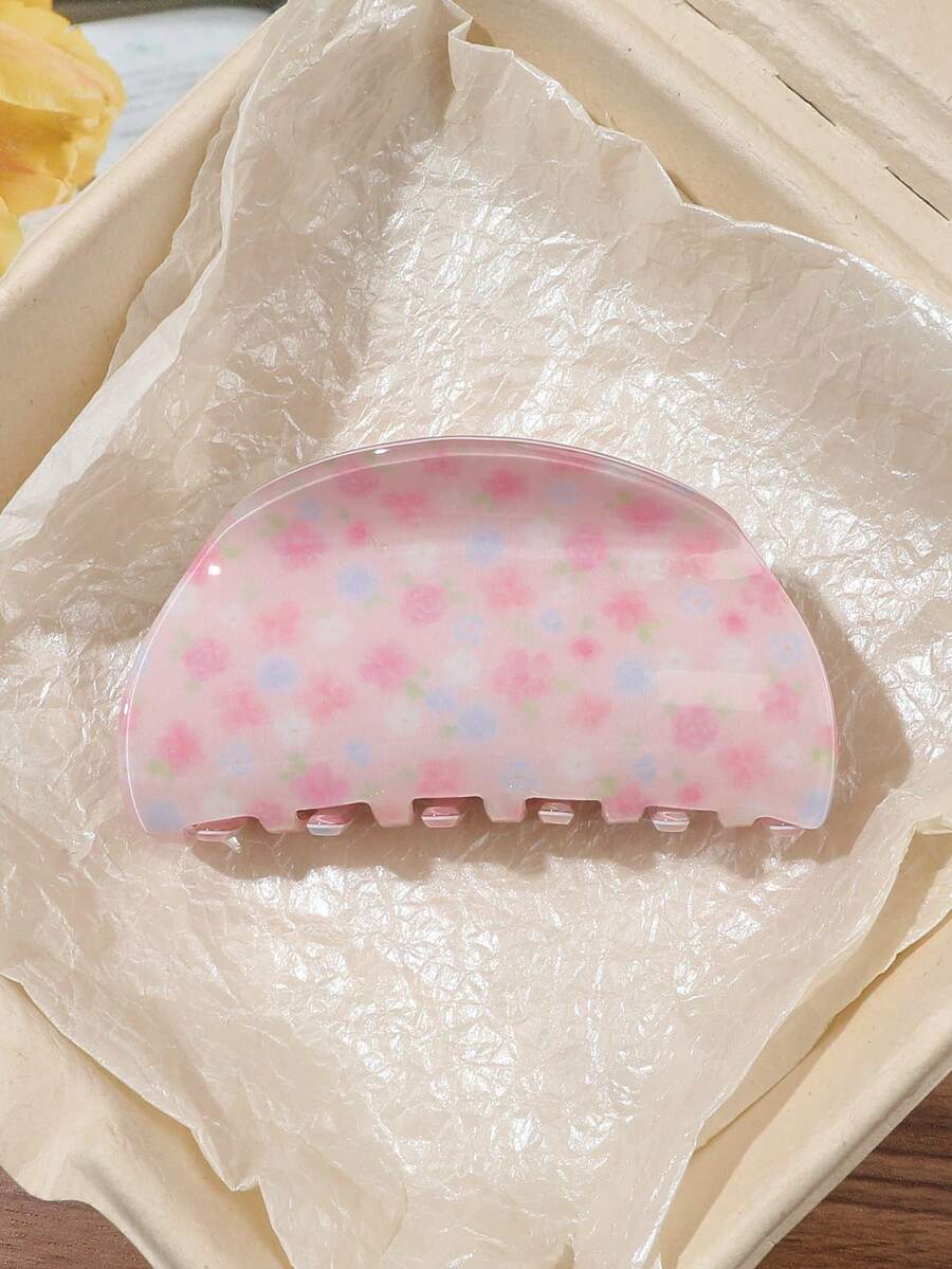 1個粉色碎花亮面壓克力半圓形髮夾，韓系柔美甜美風，優雅浪漫氛圍，春夏出遊百搭髮飾 - 彩色 - 查看 1