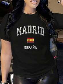 Camiseta 100% Algodón Madrid España España Diseño Deportivo Vintage para Hombre y Mujer, Suave y Transpirable, Clásica, a la Moda, de Verano, con Estampado, Manga Corta - Negro - Ver 5