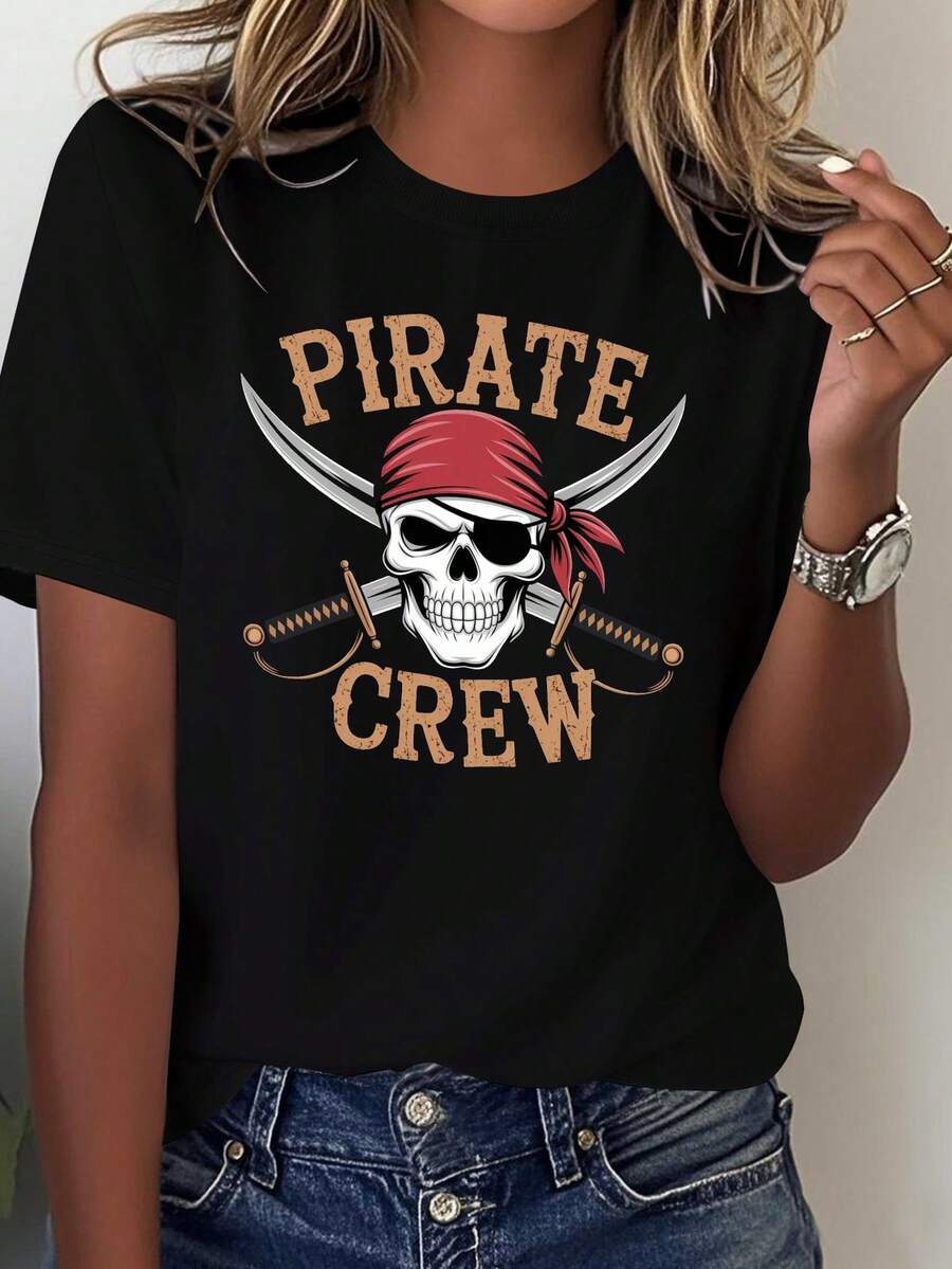Camiseta de Mujer con Diseño de Barco Pirata, Calavera y Espada - Camiseta de color negro y dorado con temática piratera, que presenta el logo de los Happy Roger, espadas cruzadas y un eslogan de barco pirata - Adecuada para fiestas temáticas y uso diario, ropa casual para todas las estaciones, blusa casual mujer. - Negro - Ver 1