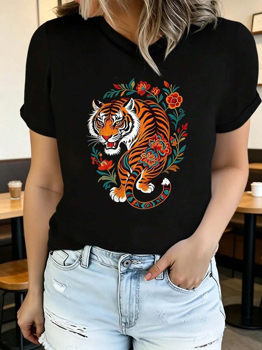 Breathable Women's Printed Short Sleeve Summer T-Shirt, Modern And Casual, Machine Washable, Comfortable Fit, 2D Flat Print, Elegant Blouses For Women, Women's Sportswear. - 黑色 2 - 查看 1