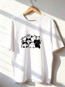Camiseta con Grupo de Gatitos en Dibujo,Camiseta de manga corta de moda para primavera y verano de 2026, hecha en México, 180 gramos. Estampado de dibujos animados, modelo de pareja, apta para uso interior o exterior. Cuello redondo, unisex, ideal para oficina y ocio. Paquete de una pieza. |   Diseño exquisito |   Suelto y cómodo |   Fácil de combinar | - Blanco - Ver 2