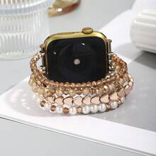 1 dây đeo đồng hồ tương thích, dây đeo đồng hồ nữ màu hồng trang sức, tương thích với Apple Watch 38/40/41/42/44/45/46/49mm, tương thích với Apple Watch Series Ultra3/2/1/Se/10/9/8/7/6/5/4/3/2/1, dây đeo đồng hồ nữ thanh lịch - Hoa hồng vàng - Xem 3