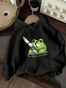 Frog With A Knife Graphic Print Hoodie, Drawstring Casual Hooded Sweatshirt For Winter & Fall, New Women's Clothing NOI7 - màu đen - Xem 12
