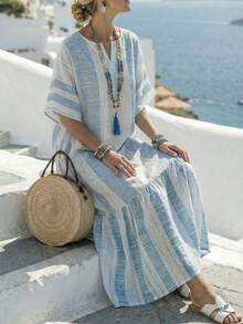 Vestido de mujer con cuello en V estampado, manga corta, tonos azules, vestido casual elegante para vacaciones/viajes, nueva moda primavera/verano 2026 - Multicolor - Ver 6
