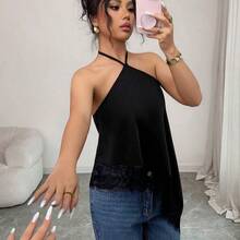 Soqi Women's Clothing  Nuevo top de verano para mujer, camiseta sin mangas negra, con cuello halter y lazo, bajo asimétrico con encaje, camiseta sin mangas sexy para mujer, top camiseta ajustado con decoración de encaje lujoso en la espalda descubierta, blusa sin mangas sexy, adecuado para fiestas, cócteles, ocasiones formales y casual de negocios, conjunto de playa para mujer - Negro - Ver 7