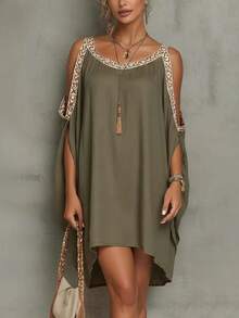 New European And American Sleeveless Summer Dress With Halter Neck, Off Shoulders, Loose Fit, Slimming, Elegant, Ideal For Beach Holidays. - 軍綠色 - 查看 1