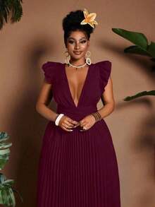 Maweii Vestido elegante con cuello en V, mangas cortas, espalda descubierta y pliegues, talla grande - Burdeos - Ver 3