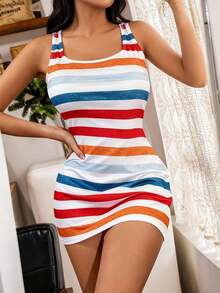 Nuevo camisón de mujer a rayas, camisón informal de mujer con estampado de rayas de colores, vestido a rayas, vestido de tirantes, vestido de verano - Multicolor - Ver 3