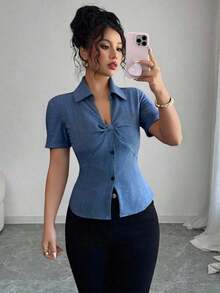 Camisa de manga corta con efecto de mezclilla y diseño de moño - Azul - Ver 7