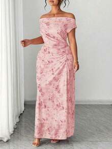 Vestido largo de fiesta elegante con hombros descubiertos, cintura ceñida y estampado floral favorecedora para tallas grandes - Rosa Pálido - Ver 5