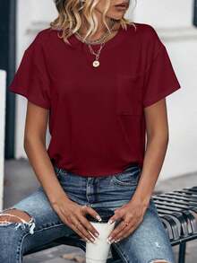 Camiseta de cuello redondo de manga corta de unicolor para mujer de moda - Burdeos - Ver 6