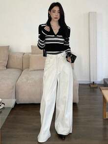 Suéter de punto acanalado con estampado de rayas, ropa de otoño - Blanco y Negro 2 - Ver 7