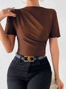 Camiseta con cuello de tortuga fruncida - Marrón 2 - Ver 8