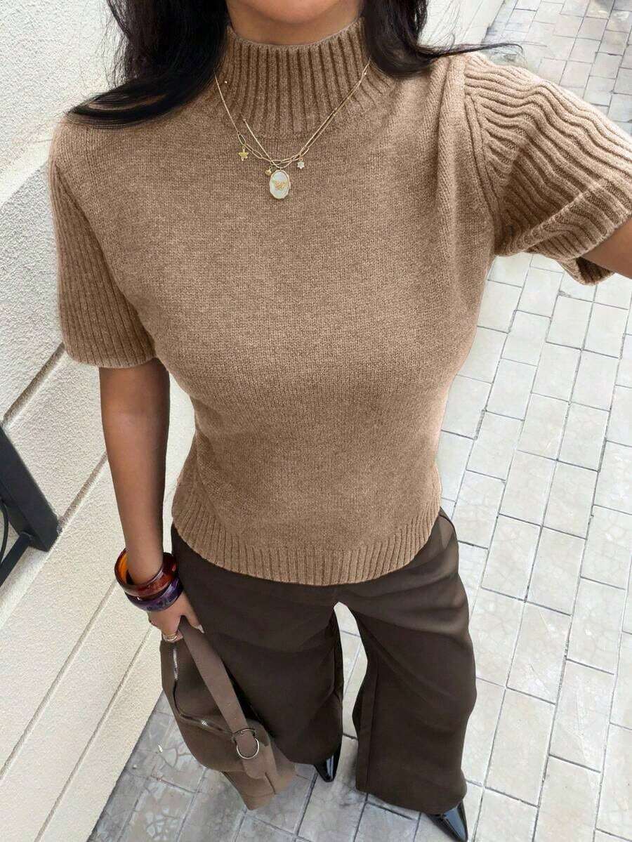 Blusa de punto de cuello alto de unicolor de manga corta para mujer, para todas las estaciones - Albaricoque - Ver 1