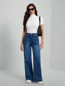 Tall Camiseta básica de unicolor negro de cuello alto con mangas cortas para mujer - Blanco - Ver 4