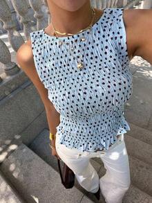Top sin mangas de verano con cuello redondo, volantes en el bajo y lunares en la cintura, top de verano casual de color rosa para mujeres, top sin mangas con lunares para el verano - Celeste - Ver 7