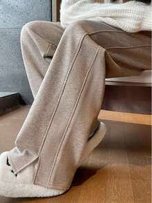 YI XUAN Pantalones anchos con forro térmico para mujer, pantalones rectos casuales térmicos de plátano cálidos para invierno - Caqui - Ver 4