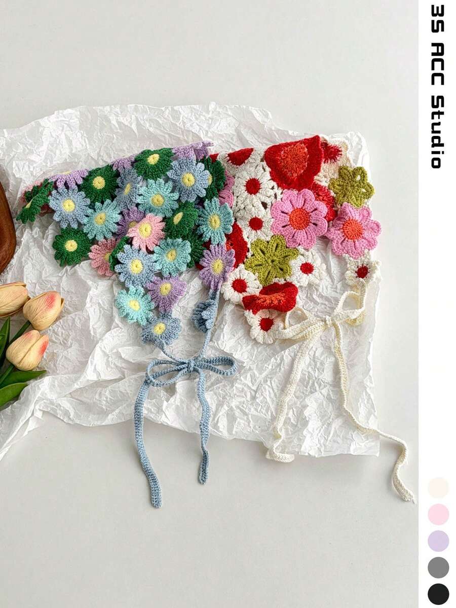 夏季海灘防曬頭巾,女款波希米亞風度假穿搭,手工編織三角巾,鉤編髮帶,鄉村風頭巾夏季髮飾海灘巾度假女款頭巾 - 彩色 - 查看 1