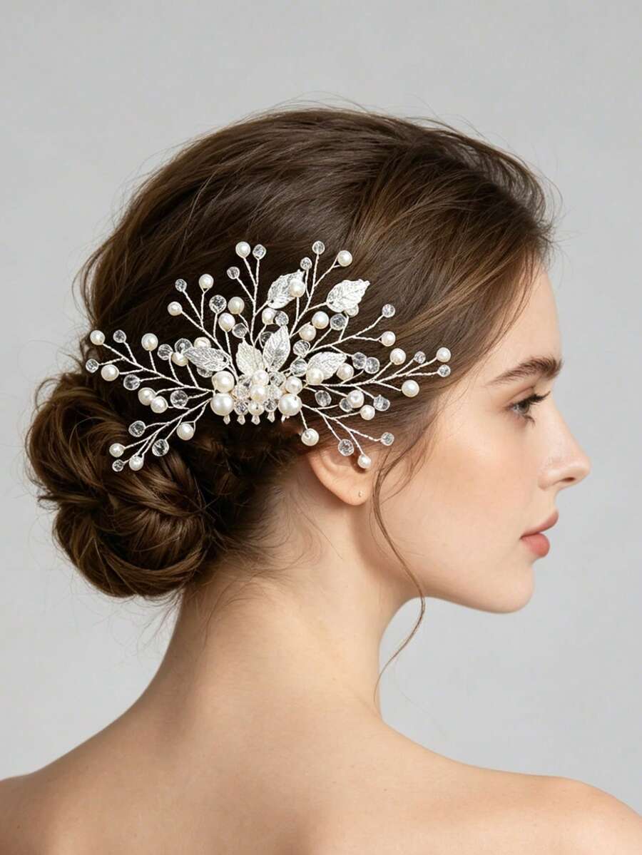1pc Women's Elegant Handmade Alloy Leaf & Ceramic Flower Faux Pearl Hair Comb, Bridal Wedding Party Accessory - Silver - View 1
