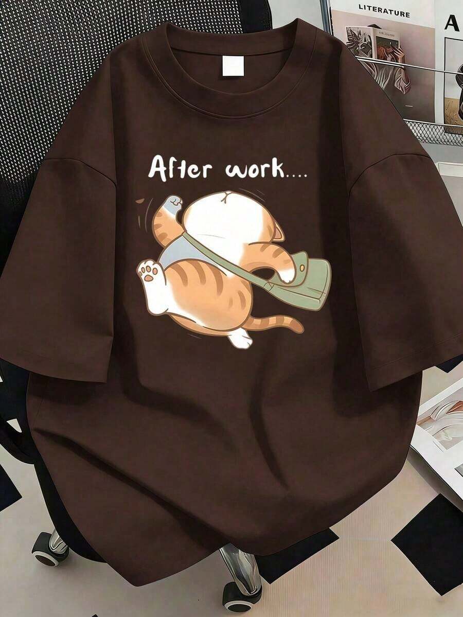 Camiseta casual con estampado de gato para mujer de talla grande, adecuada para uso diario, salidas, vacaciones, verano, fiestas en la playa, festivales de música, vacaciones y otros eventos.Color: Negro - Café integral - Ver 1