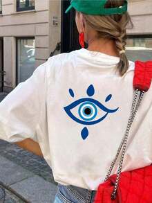 Nueva Colección de Verano 2026, Camiseta de Moda para Mujer, Estampado Frontal y Trasero con el Ojo Turco, Camiseta con Estampado de Amuleto, Top Casual de Manga Corta y Cuello Redondo, Adecuada para Verano y Primavera, Ropa de Mujer, Top de Manga Corta para Damas, Camiseta de Verano para Damas, Estampado Frontal y Trasero. - Blanco - Ver 2