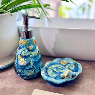 Khay đựng xà phòng bằng gốm sứ vẽ tay 3D họa tiết bầu trời đầy sao của Van Gogh, vật trang trí độc đáo cho mặt bàn phòng tắm.
