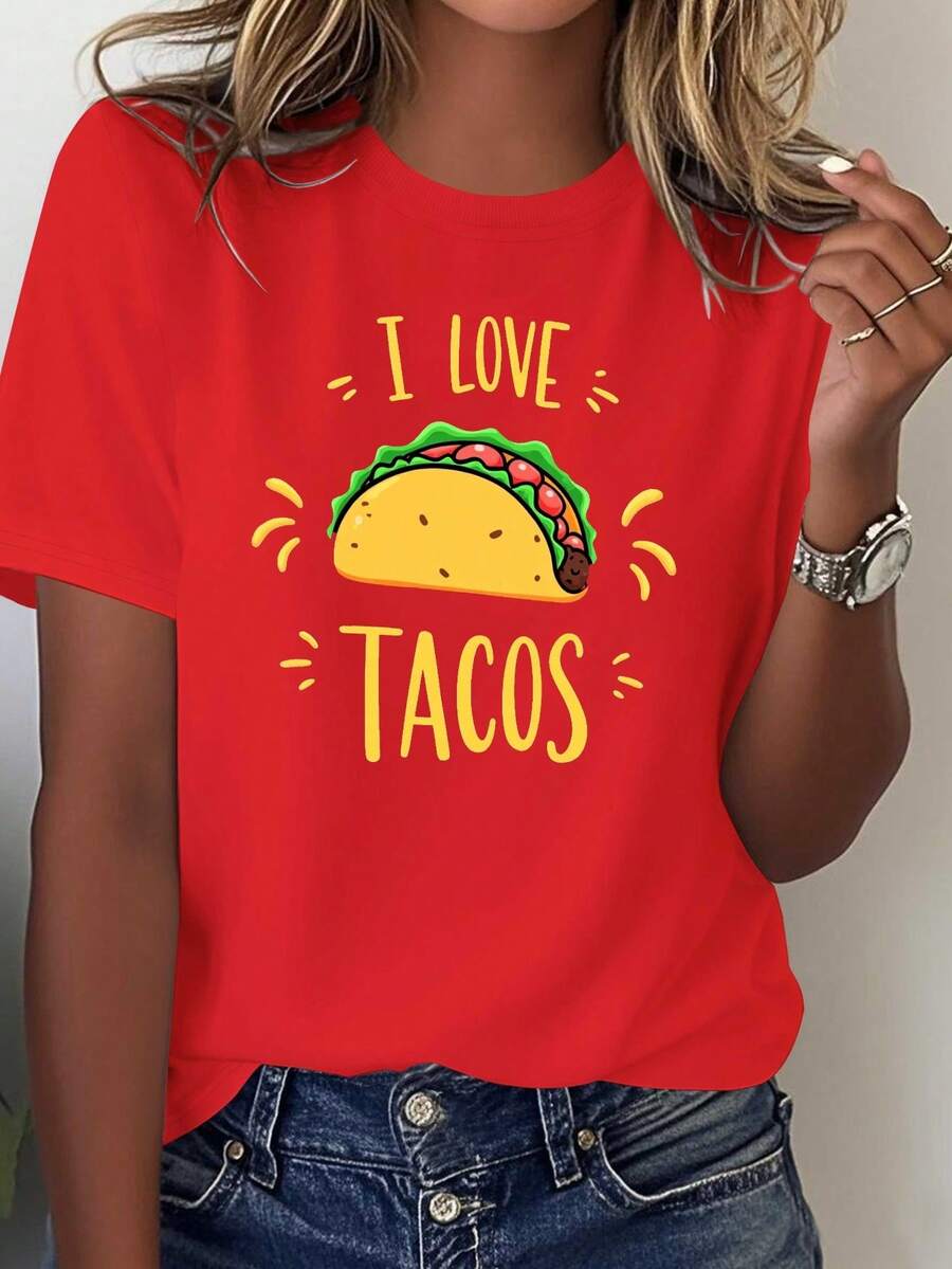 Women's "I Love Tacos" T-Shirt - Mexican Design, Taco And Straw Hat Print, Soft Pure Cotton, Short Sleeve, Casual Style, Blue And Yellow Lettering Design, Ideal For Taco Tuesday Parties, Casual Wear (Machine Washable) - Fun Gift For Taco Lovers, Casual Blouse For Women. - 紅色 - 查看 1