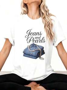 1 pieza de camiseta oversize para mujer, JEANS Y PERLAS con -0180g Algodón 100% - Negro 5 - Ver 10