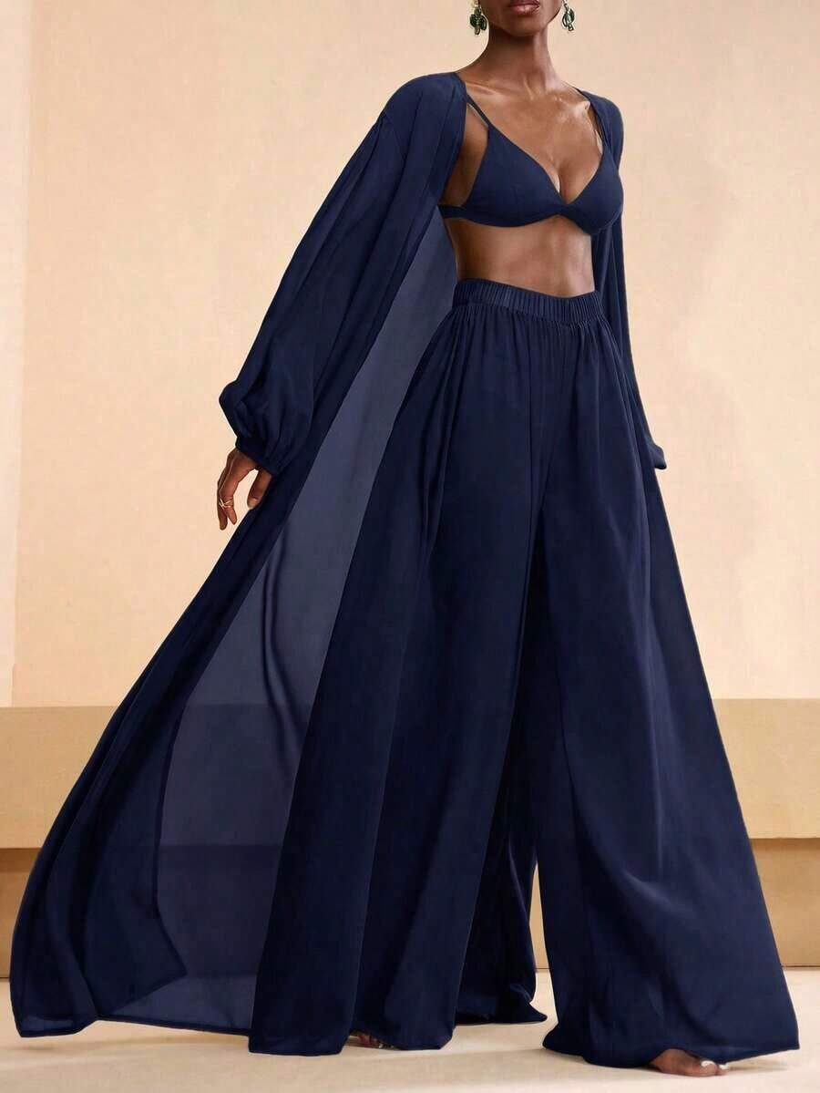 Conjunto de kimono y pantalones palazzo elegantes y casuales para la playa, 2026 - Azul marino - Ver 1
