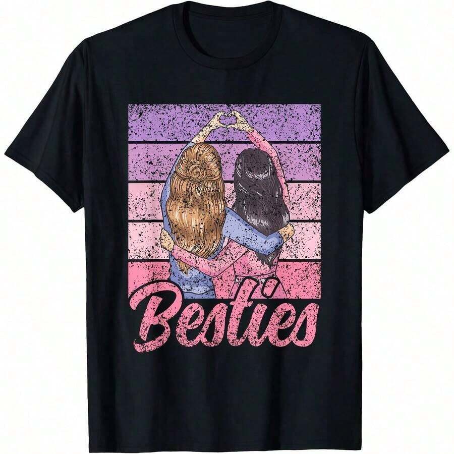 1 Piece Besties Cute Bestie Best Friend Hip Besties T-Shirt For All Seasons, 100% Cotton, One-Sided Print, Round Neck, Short Sleeve, Unisex, Base Layer, 180g, 100% Cotton, Designs Are Printed. Unisex. - 顏色 8 - 查看 1