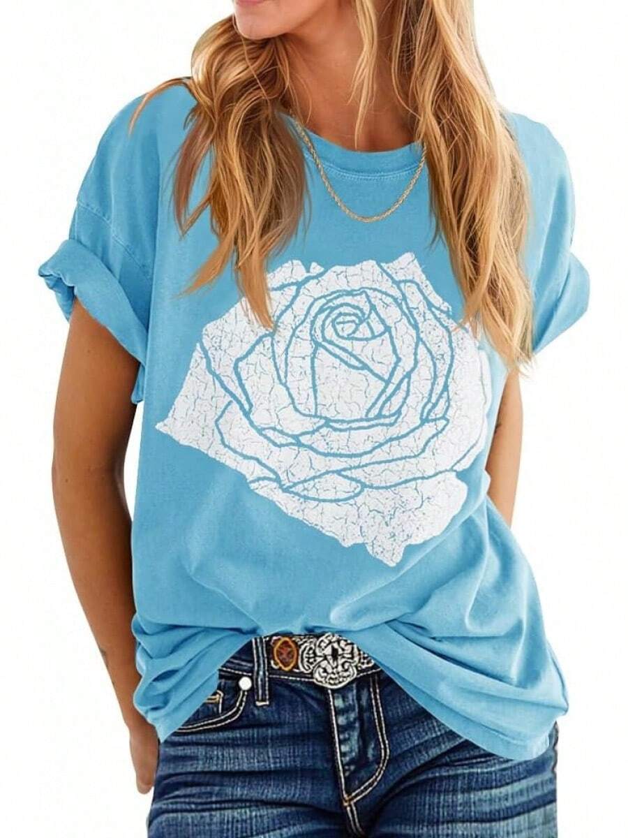 Women's T-Shirt With Rose Print, Loose Fit, Short Sleeve Summer Top, Casual Round Neck Boyfriend Style Top - Sky Blue - 查看 1