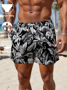 Men's Summer Surf Beach Shorts With Palm Tree Pattern, Adjustable Waist Swim Trunks - Black and White - View 3