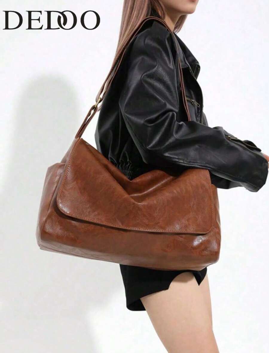 Women's Bag Retro Large-Capacity Bag Women's Autumn/Winter 2024 New Fashion Western-Style Messenger Bag With Simple Texture And Shoulder Tote Bag., Retro Inspired Bag For Women, Perfect For Rodeo Occasion, New Arrival Tote Bags For Woman - 棕色 - 查看 1