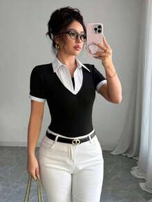 Camiseta casual de negocios de estilo vintage 2 en 1 para mujer, adecuada para la oficina, temporada de regreso a clases - Blanco y Negro - Ver 1