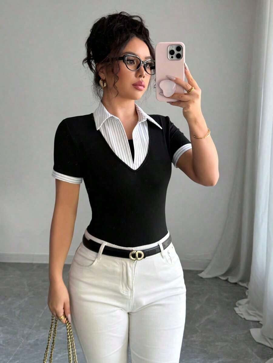 Camiseta casual de negocios de estilo vintage 2 en 1 para mujer, adecuada para la oficina, temporada de regreso a clases - Blanco y Negro - Ver 1