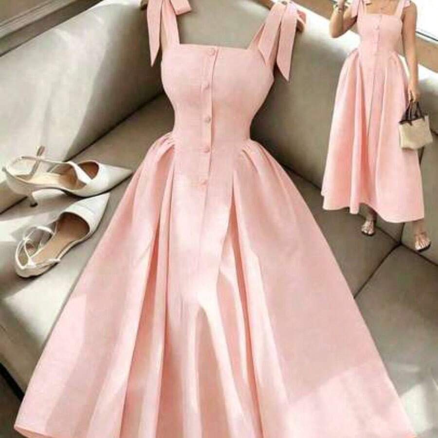 YijiaNvz Nuevo vestido midi tejido bicolor con textura y tirantes anudados, elegante y versátil para uso en la oficina - Rosa - Ver 1