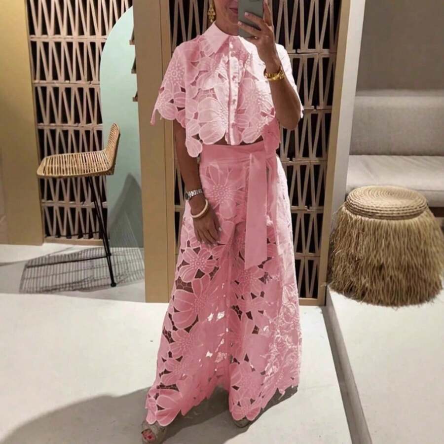 Conjunto Casual para Mujer Nueva Temporada Verano, Blusa Encaje Calado + Pantalones Largos - Rosa - Ver 1