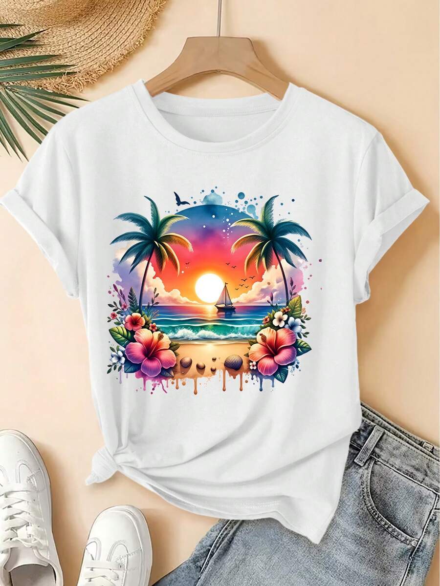 Women's T-Shirt With Gradient Sunset Print, Sailboat, Flowers, Shells And Coconut Trees, Short Sleeve, Vintage Round Neck, Cool Forest Style, Loose Fit, Elegant Fashion For Spring/Summer 2026 Parties, Versatile Women's Clothing For Everyday Wear. - 白色 - 查看 1