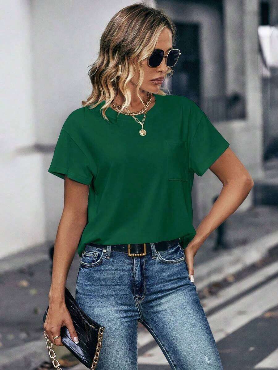 Camiseta de cuello redondo de manga corta de unicolor para mujer de moda - Verde Oscuro - Ver 1