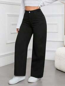 Jeans rectos y sueltos informales con bolsillos para mujeres - Negro - Ver 7