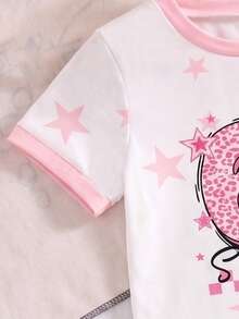 2件套女童休闲可爱字母印花短袖上衣和粉色短裤套装，夏季 - 白色 - 查看 6