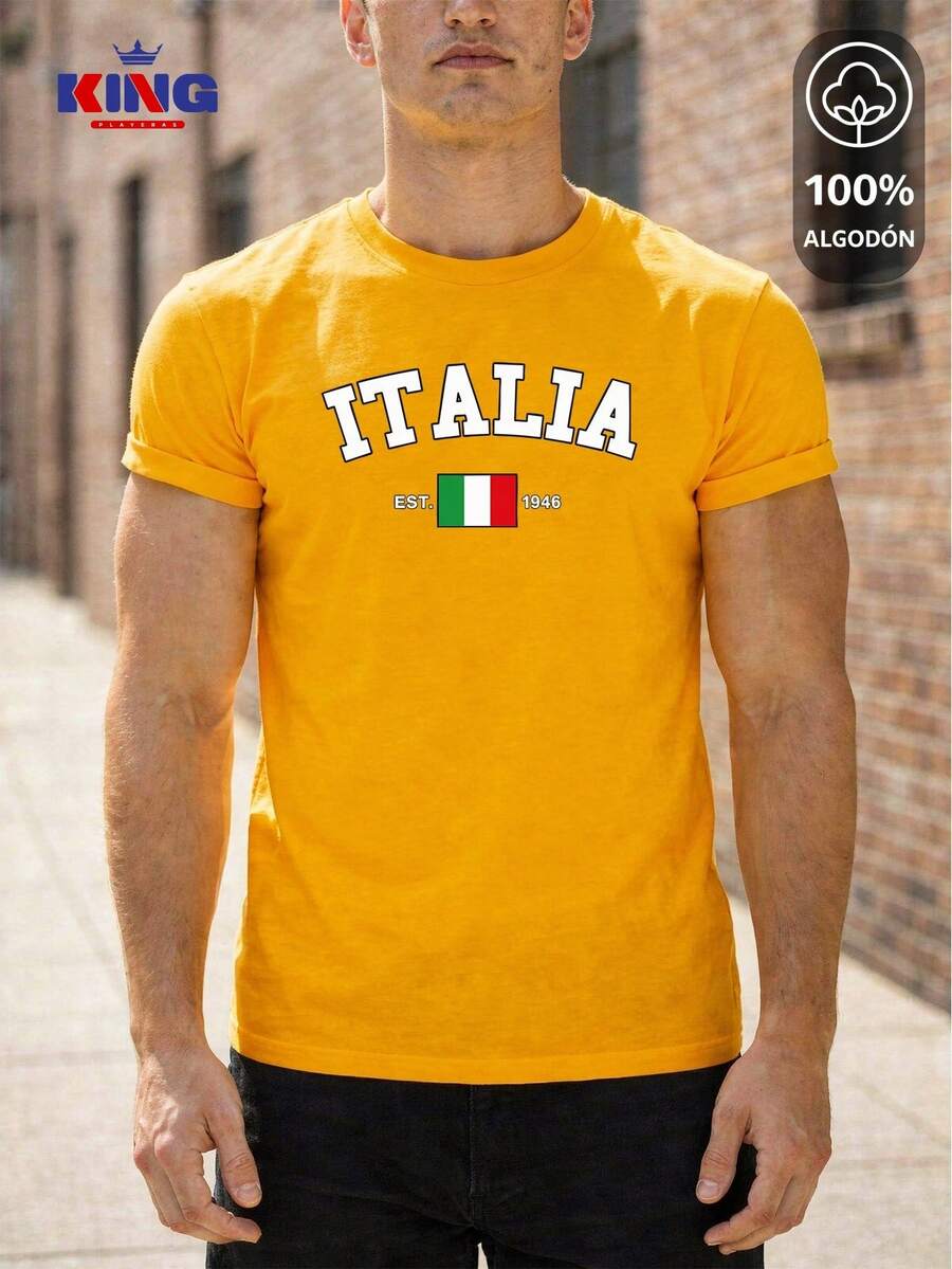 King T-shirt Playera 100% algodón de excelente calidad, esta playera garantiza una suavidad excepcional al tacto, cuello redondo con estampado "Italia Est. 1946 Flag" y manga corta - Amarillo Mostaza-Est-Blanco - Ver 1