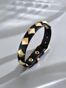 1pc Women's Rock Studded PU Triangle Stud Motorcycle Dark Style Y2K Bracelet - Black - B1488 - View 5