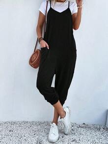 SUN - Shirtless Jumpsuit With Open Back And Double Pocket - Hitam - View 1
