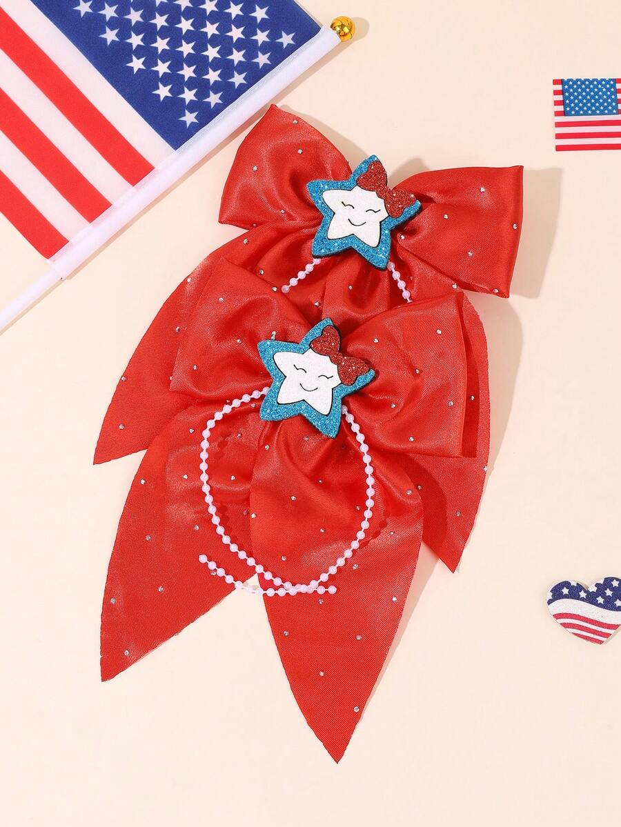 2 peças de laços de cabelo brilhantes para o 4 de julho para adolescentes, com laços de miçangas, presilhas de jacaré, presilhas de cabelo com glitter e estrelas, presilhas grandes com cauda para o Dia da Independência, presilhas delicadas para o 250º aniversário dos Estados Unidos, acessórios de cabelo para adolescentes. - Vermelho - Ver 1