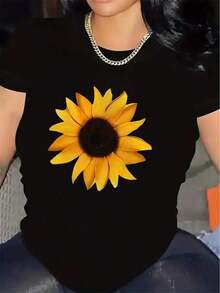 Women's Short Sleeve T-Shirt With Black And White Sunflower Print - Lightweight And Durable, Comfortable Fit For Indoor And Outdoor Wear, Stylish Casual Top For Home, Restaurant And Daily Activities, Everyday T-Shirt | Casual Printed Top - 黑色 - 查看 1