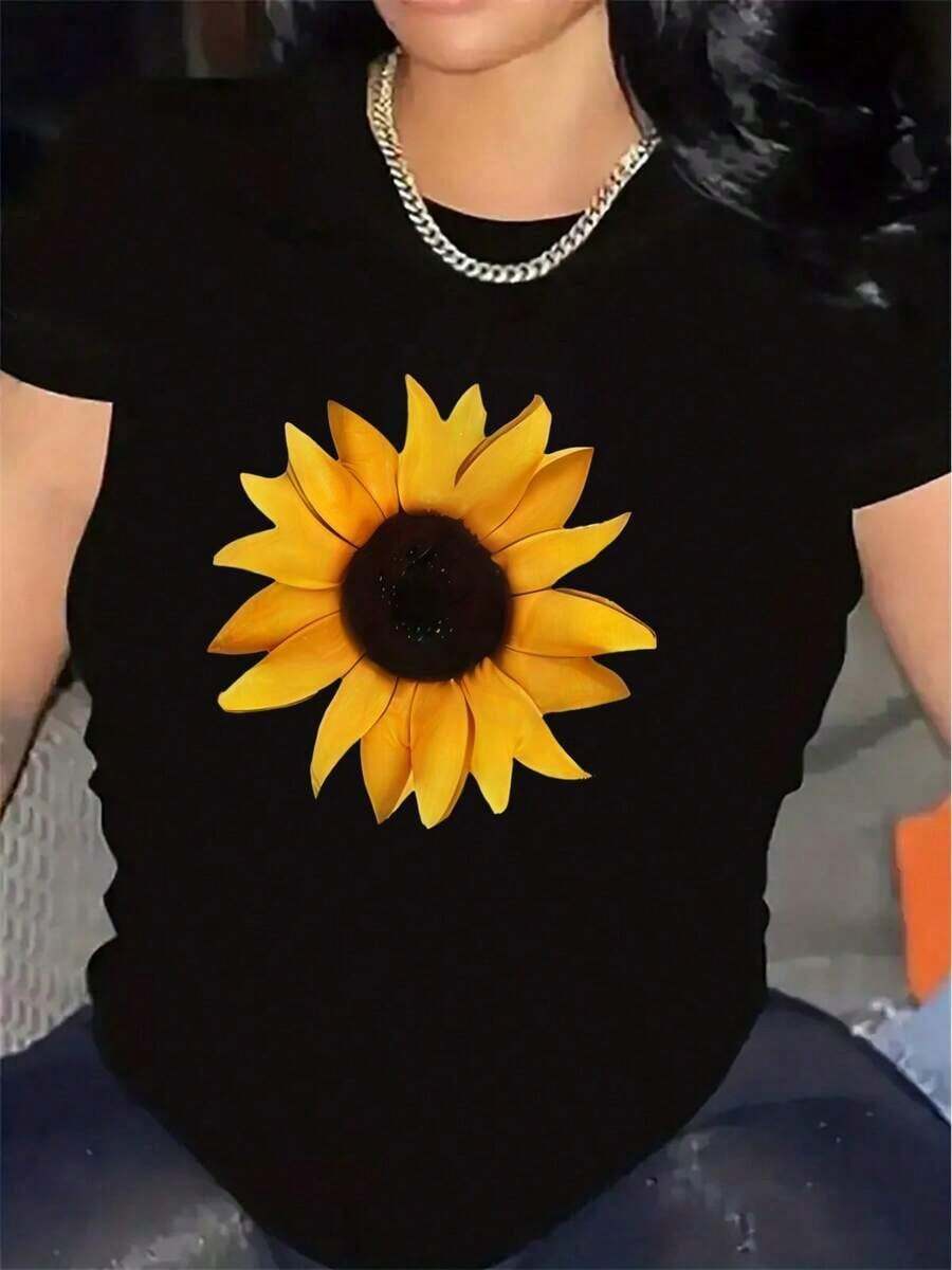 Women's Short Sleeve T-Shirt With Black And White Sunflower Print - Lightweight And Durable, Comfortable Fit For Indoor And Outdoor Wear, Stylish Casual Top For Home, Restaurant And Daily Activities, Everyday T-Shirt | Casual Printed Top - 黑色 - 查看 1