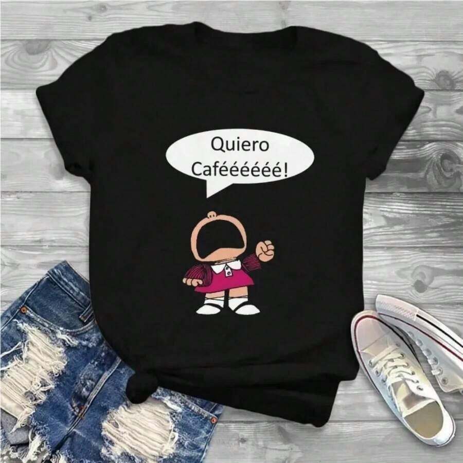 CoffeeCoffee Sweet Girls Women's T-Shirt, Mafalda Cartoon Blouses, Harajuku Style, Casual, Short Sleeve, Vintage - 黑色 5 - 查看 1