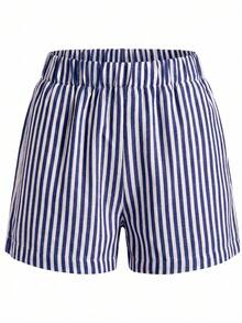 Conjunto de dos piezas, playera y short, playera estampada con diseño, short corto de rayas, adecuado para vacaciones en la playa, verano, vacaciones, viaje, para temporada de calor - 2 Playera Blanca Cherries con Short Rayas Azul Marino con Blanco - Ver 9